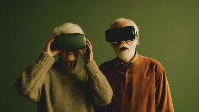 Senior Couple Laughing While Using VR Headsets in Living Room Setting
 - Powered by Adobe