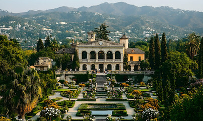 Grand Estate with Formal Gardens and Mountain Backdrop in Sunlig
