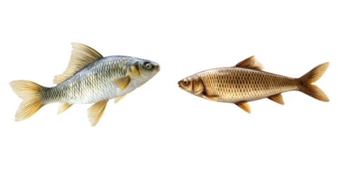 Two freshwater fish with shiny scales facing each other isolated on transparency background showing detailed fins and tail