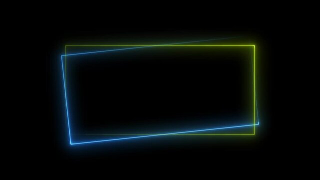 Glowing neon rectangles animation on dark background with blue and yellow light effects, modern abstract digital frame, futuristic border design for video, technology template, space