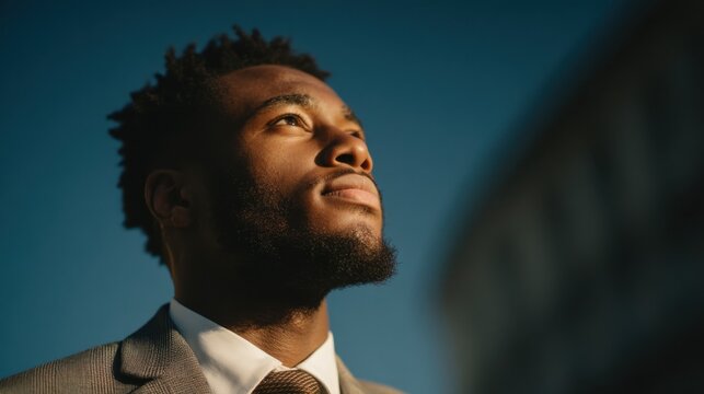 Confident young professional looking upward in a suit under natural light