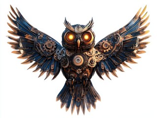 Steampunk Owl with Gears and Clockwork Elements in Flight