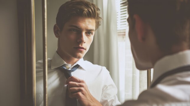 Young man adjusting necktie while looking into a mirror at home