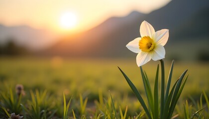 A single white flower with a yellow center sits in the middle of a grassy field during sunset © Wool World