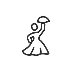 Woman in dress dancing with fan, linear icon. Traditional flamenco dance. Line with editable stroke.
