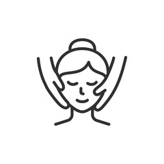 Woman receiving facial massage, linear icon. Spa treatment and skincare procedure. Line with editable stroke.