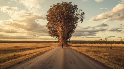 Tree's Embrace on Horizon's Road: A lone traveler ventures on a winding road, drawn towards a majestic, ancient tree under a sky painted with the hues of twilight.
