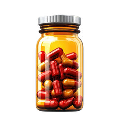 Capsule pills in amber glass bottle Medicine prescription medication on transparent background