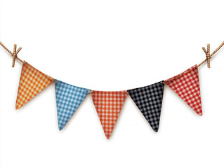 Obraz premium Colorful bunting flags of checkered design on a rope, hung against a light gray background logo in bright colors on a wall Festive scene with red, blue, and black banners adorn - AI-Generated