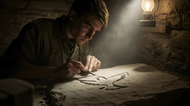 Archaeologist carefully inscribes ancient symbols on clay tablet in dim cave, illustrating discovery of lost civilization