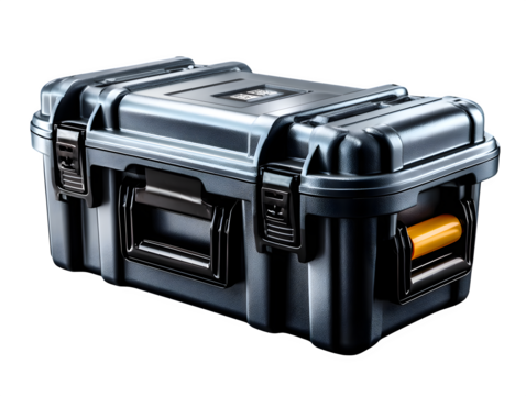 3D render of grey plastic toolbox with clipped handles, lid slightly open showing tool compartments, isolated from side, transparent to transparent background --ar 4:3 --v 7.0 --p 537mr6h --s 250