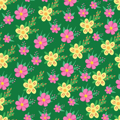 flower meadow, green floral seamless pattern. Vector Illustration for printing, backgrounds, covers and packaging. Image can be used for greeting cards, posters, stickers and textile.