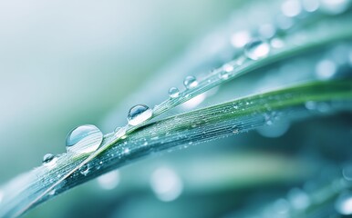 Soft sunlight illuminates a vibrant green grass blade, where glistening water droplets cling where the surrounding verdant scenery is blurred