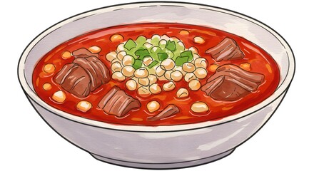 Illustration of Pozole Soup with Meat, Hominy, and Garnishes