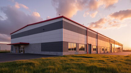 Obraz premium Modern industrial building with large windows and red roof, surrounded by green grass under colorful sunset sky
