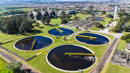 Aerial view of sedimentation tanks and decanters used in the sanitation process in an industrial...