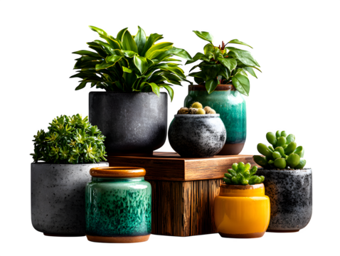 A lineup of assorted indoor potted plants with diverse shapes and ceramic containers, arranged on white for clean botanical decor, isolated to transparent background 