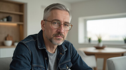 Obraz premium Thoughtful man with glasses sits in modern living space, showcasing relaxed atmosphere and stylish decor