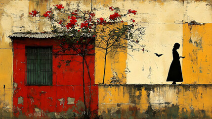 Solitary Figure in Black Silhouette Beside Red Building and Flow