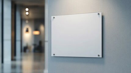 A blank white rectangular sign is mounted on a textured gray wall inside a modern office or hallway with blurred background lighting.