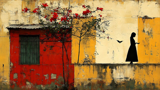 Solitary Figure in Black Silhouette Beside Red Building and Flow