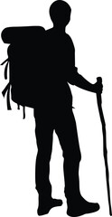 Silhouette of a hiker with a backpack and walking stick ready for an outdoor adventure