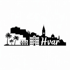 Obraz premium Hvar Skyline Silhouette — Adriatic Island Town with Fortress and Waterfront Vector Illustration