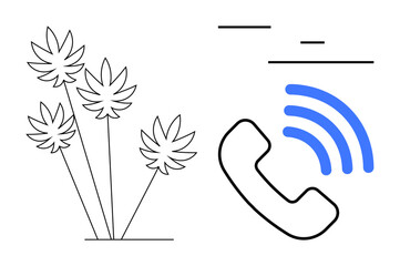 Hand-drawn tropical leaves beside phone receiver with signal waves. Ideal for communication, customer service, connectivity, travel, networking, ecology, digital marketing, simple landing page