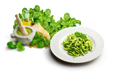 Typical Genoese dish of trofie with pesto with mortar and ingredients