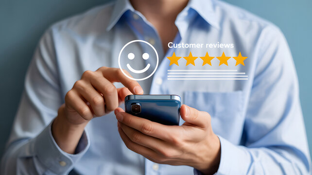 Person interacting with customer reviews and a smiley face displayed on a smartphone suggests feedback and user experience.