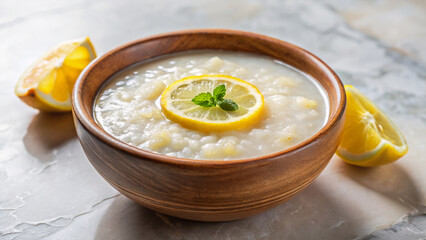 Warm Arroz Caldo rice porridge in wooden bowl with lemon slices and mint. Arroz Caldo is a comforting Filipino rice porridge, perfect for chilly evenings.