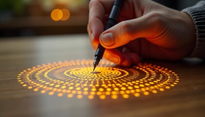 A person's hand holding a pen and writing on a glowing circular pattern on a wooden surface