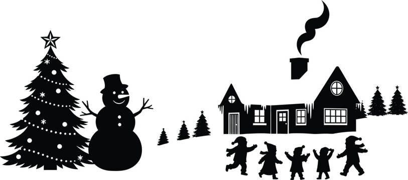 Silhouette of christmas tree with snowman and children playing near house in winter scene design
