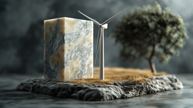 Abstract background with stone block and wind turbine, useful for presentations about renewable energy and innovation.