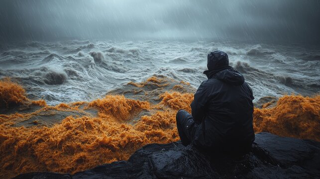 person fights keep their head above stormy ocean filled floating emoji reactions powerful waves symbolize emotional struggles and impact of social interactions
