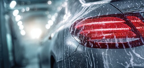 The sleek car being washed in a professional auto service environment.