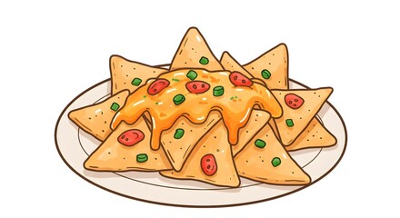 Cartoon Illustration of Nachos with Cheese and Toppings