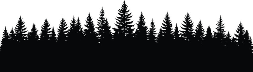 Obraz premium Silhouette of a forest landscape with evergreen trees against a white background in a simple design