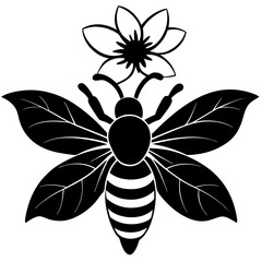 Honey Bee on Flower Silhouette black on white background