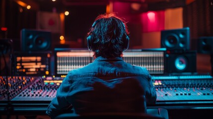 Fototapeta premium A man wearing headphones works at a sound console in a recording studio. Useful for articles about music, recording and studio equipment.