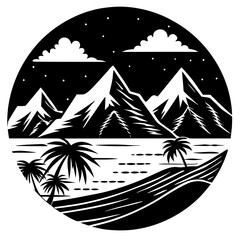 Vector mountain beach silhouette on white background