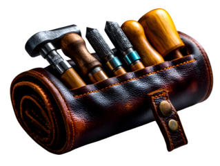 Artisan woodworking toolkit with chisels, mallet, and measuring tools neatly wrapped in leather roll, styled for vintage craftsmanship, white background and transparent isolation 