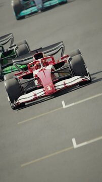 Generic formula one race cars racing along the homestretch over the finish line. Dynamic front view camera. Multiple race cars. High quality 3d animation