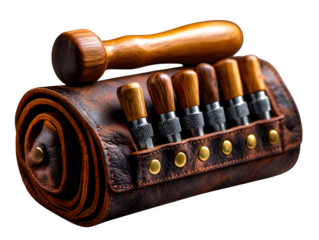 Artisan woodworking toolkit with chisels, mallet, and measuring tools neatly wrapped in leather roll, styled for vintage craftsmanship, white background and transparent isolation 