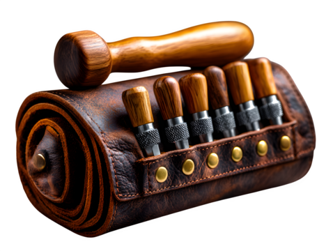 Artisan woodworking toolkit with chisels, mallet, and measuring tools neatly wrapped in leather roll, styled for vintage craftsmanship, white background and transparent isolation 