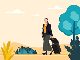Businesswoman Traveling with Suitcase Flat Illustration