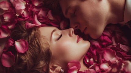 Wedding Registry. Beautiful Bride and Groom in Love Surrounded by Rose Petals