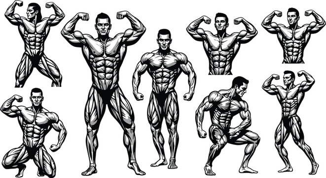 Collection of bodybuilders posing in various stances, showcasing muscular physiques in black and white style