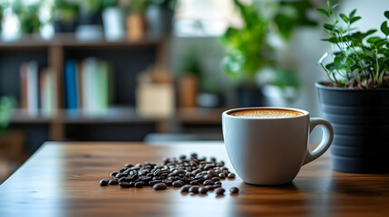 Coffee cup  beans sit on a wood table near a plant Bookshelves with plants are visible in the background
