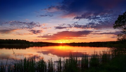 Obraz premium majestic sunset over tranquil lake with reflective clouds and serene twilight sky
